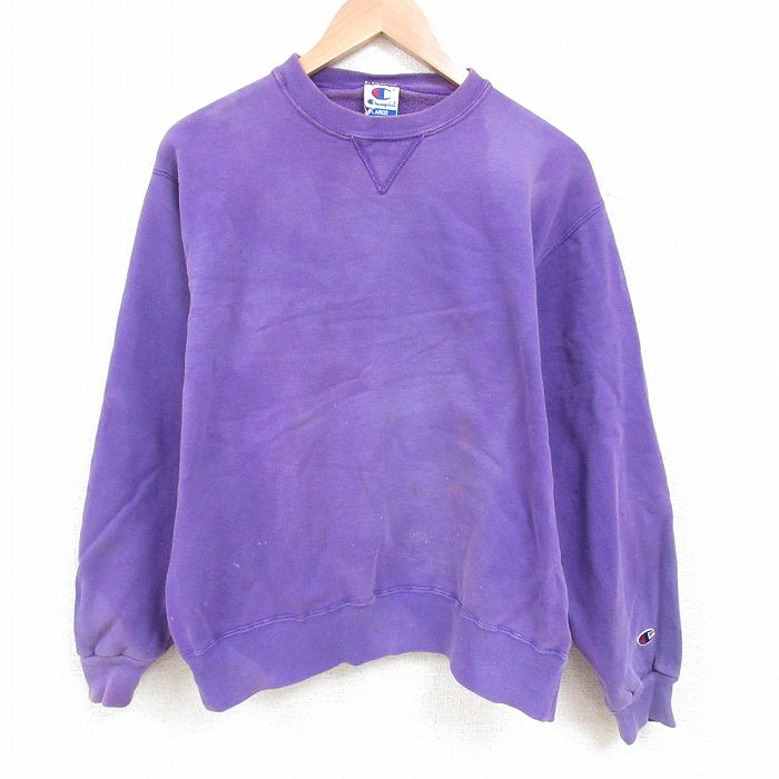 【50%OFF】L★古着 チャンピオン champion 長袖 スウェット メンズ 90年代 90s 無地 クルーネック 紫 パープル 25may24 中古 スエット トレーナー トップス