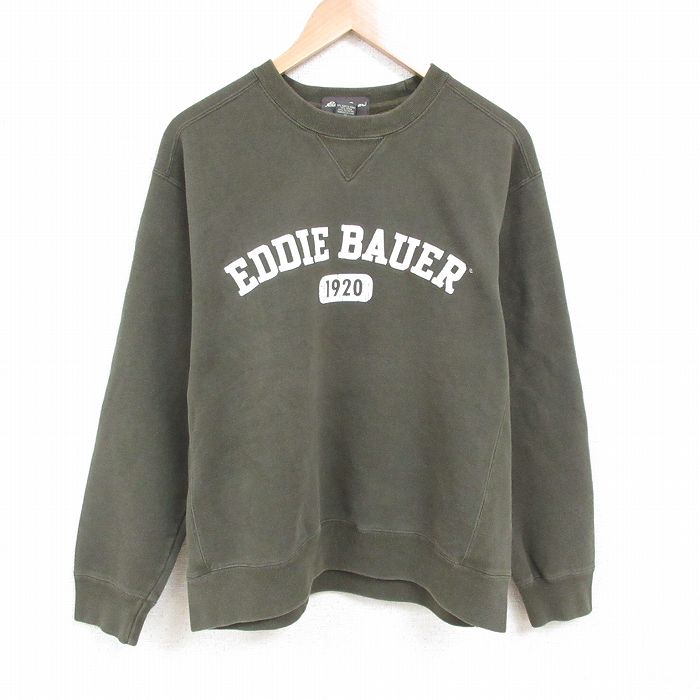 XL★古着 エディーバウアー 長袖 スウェット メンズ ビッグロゴ クルーネック 濃緑 グリーン 25may24 中古 スエット トレーナー トップス