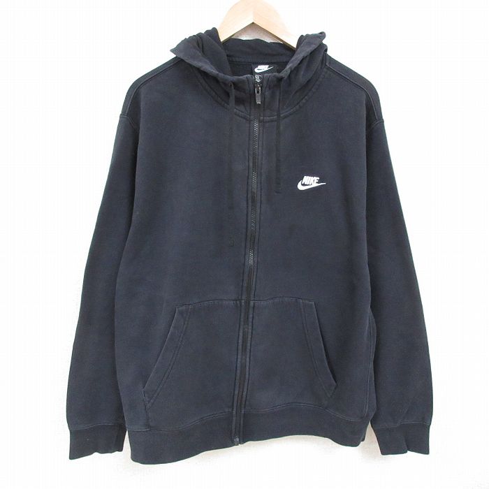 XL★古着 ナイキ NIKE 長袖 フルジップ スウェット パーカー メンズ ワンポイントロゴ 大きいサイズ 黒 ブラック 25may24 中古 スエット トレーナー トップス