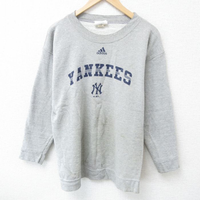 M★古着 アディダス adidas 長袖 スウェット メンズ 00年代 00s MLB ニューヨークヤンキース クルーネック グレー 霜降り メジャーリーグ ベースボール 野球 25may22 中古 スエット トレーナー トップス