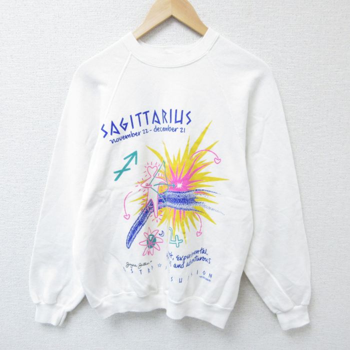 【20%OFF】M★古着 長袖 スウェット メンズ 80年代 80s サジタリアス メッセージ ラグラン クルーネック USA製 白 ホワイト 25may22 中古 スエット トレーナー トップス