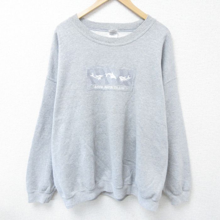 XL★古着 長袖 スウェット メンズ 00年代 00s イルカ 刺繍 大きいサイズ クルーネック グレー 霜降り 25may22 中古 スエット トレーナー トップス