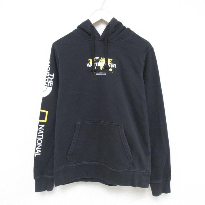 M★古着 ノースフェイス THE NORTH FACE 長袖 スウェット パーカー メンズ ビッグロゴ WEST IS OVER 黒 ブラック 25may23 中古 スエット トレーナー トップス