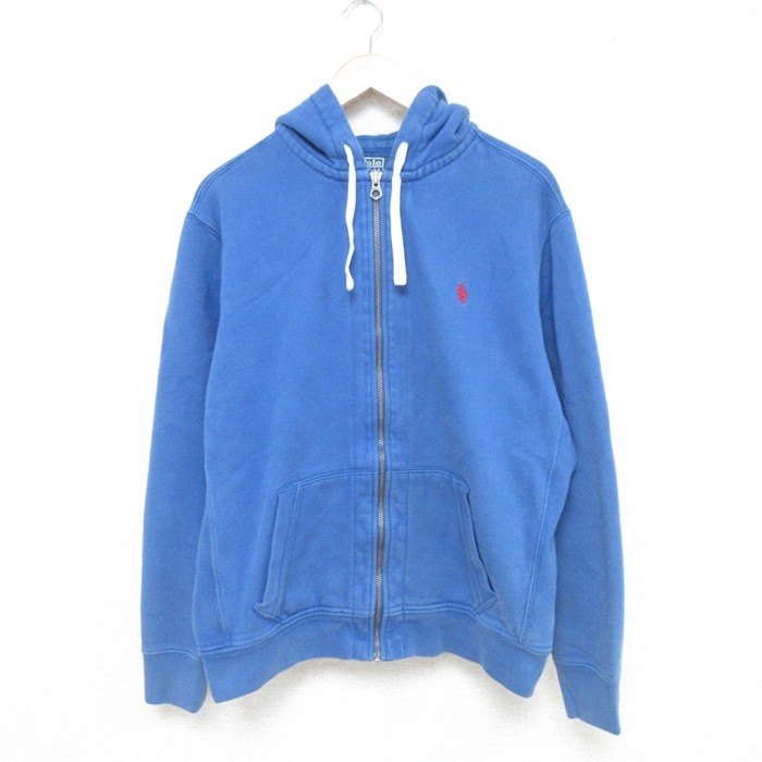 XL★古着 ラルフローレン Ralph Lauren 長袖 ブランド フルジップ スウェット パーカー メンズ ワンポイントロゴ 青 ブルー フード内側サーマル 25may23 中古 スエット トレーナー トップス