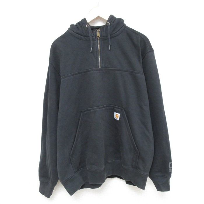 XL★古着 カーハート Carhartt 長袖 ハーフジップ スウェット パーカー メンズ ワンポイントロゴ 大きいサイズ 黒 ブラック 25may23 中古 スエット トレーナー トップス