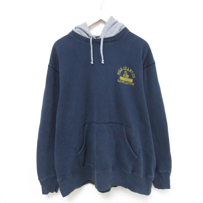 XL★古着 ラルフローレン Ralph Lauren ポロジーンズ 長袖 ブランド スウェット パーカー メンズ ワンポイントロゴ 大きいサイズ 紺他 ネイビー 霜降り 【spe】 25may23 中古 スエット トレーナー トップス