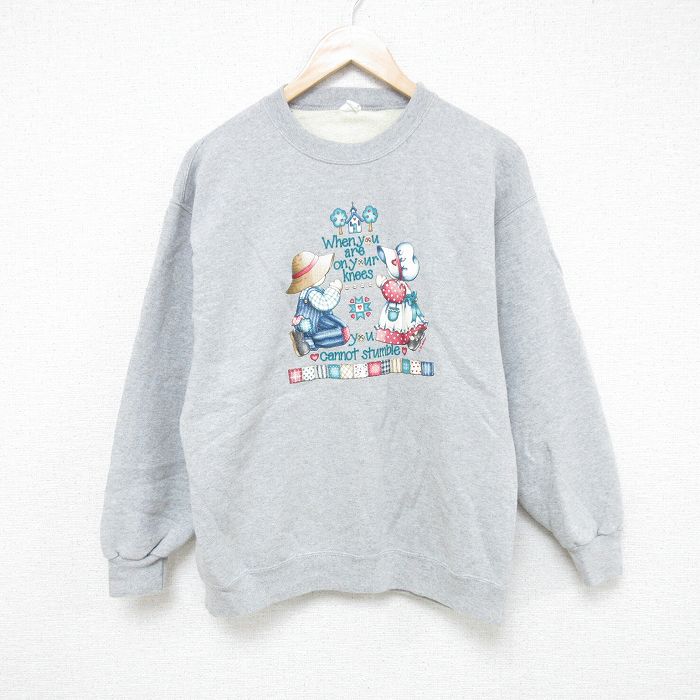 M★古着 長袖 スウェット メンズ 90年代 90s 人形 クルーネック USA製 グレー 霜降り 25may27 中古 スエット トレーナー トップス