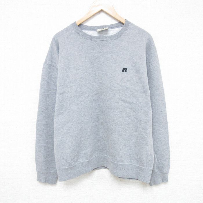 L★古着 ラッセル 長袖 スウェット メンズ ワンポイントロゴ クルーネック グレー 霜降り 25may27 中古 スエット トレーナー トップス