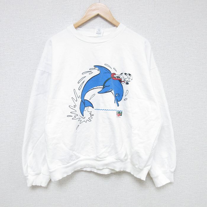 【50%OFF】XL★古着 長袖 スウェット メンズ 90年代 90s イルカ 犬 大きいサイズ コットン クルーネック 白 ホワイト 25may27 中古 スエット トレーナー トップス