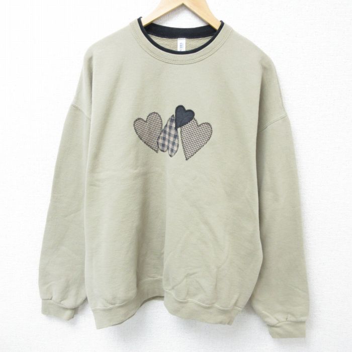 【50%OFF】XL★古着 ジャージーズ 長袖 スウェット メンズ ハート 大きいサイズ クルーネック ベージュ カーキ 25may28 中古 スエット トレーナー トップス