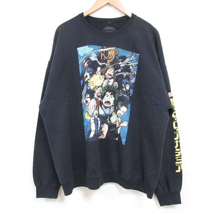 XL★古着 長袖 スウェット メンズ アニメ 僕のヒーローアカデミア 大きいサイズ クルーネック 黒 ブラック 25may29 中古 スエット トレーナー トップス