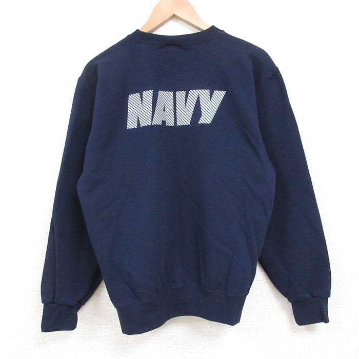 M★古着 長袖 スウェット メンズ 00年代 00s ミリタリー ネイビー NAVY リフレクター ラグラン クルーネック USA製 紺 25may29 中古 スエット トレーナー トップス