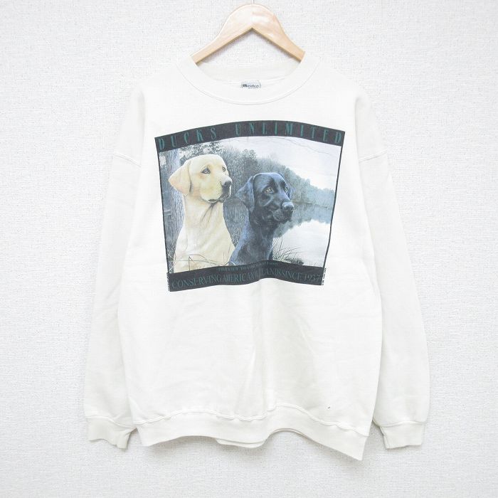 【50%OFF】L★古着 長袖 スウェット メンズ 90年代 90s 犬 クルーネック USA製 白 ホワイト 25may28 中古 スエット トレーナー トップス