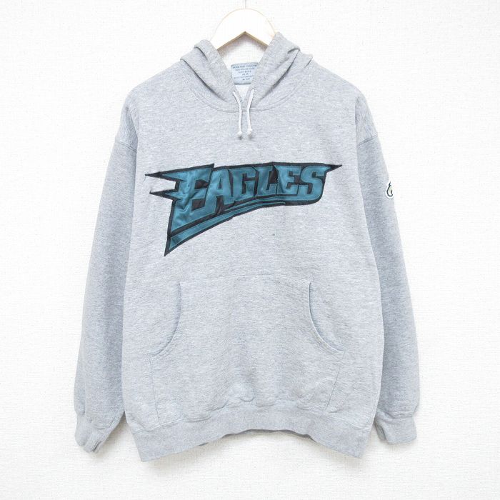 L★古着 マジェスティック 長袖 スウェット パーカー メンズ 90年代 90s NFL フィラデルフィアイーグルス カナダ製 グレー 霜降り アメフト スーパーボウル 25may28 中古 スエット トレーナー トップス