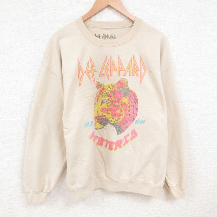 XL★古着 長袖 ロック バンド スウェット メンズ デフレパード クルーネック 薄ベージュ カーキ 25may28 中古 スエット トレーナー トップス