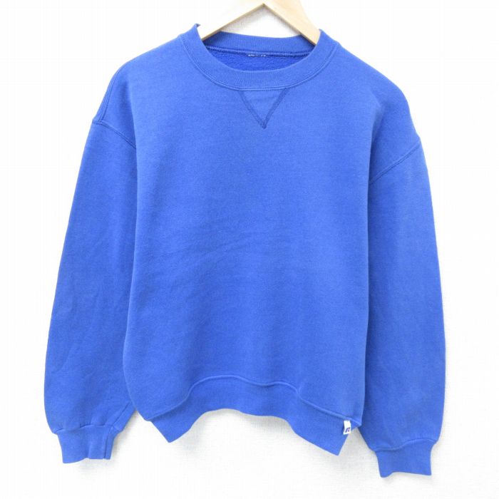 M★古着 ラッセル 長袖 スウェット メンズ 無地 クルーネック 青 ブルー 25may29 中古 スエット トレーナー トップス