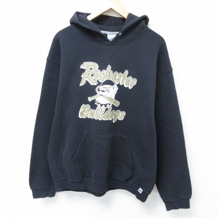 L★古着 ラッセル 長袖 スウェット パーカー メンズ 00年代 00s ブルドッグ 黒 ブラック 25may29 中古 スエット トレーナー トップス