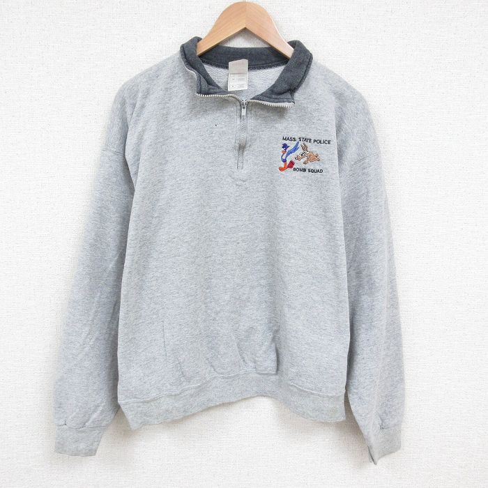 XL★古着 フルーツオブザルーム 長袖 ハーフジップ スウェット メンズ 00年代 00s ルーニーテューンズ LOONEY TUNES ロードランナー ワイリーコヨーテ グレー 霜降り 25may29 中古 スエット トレーナー トップス