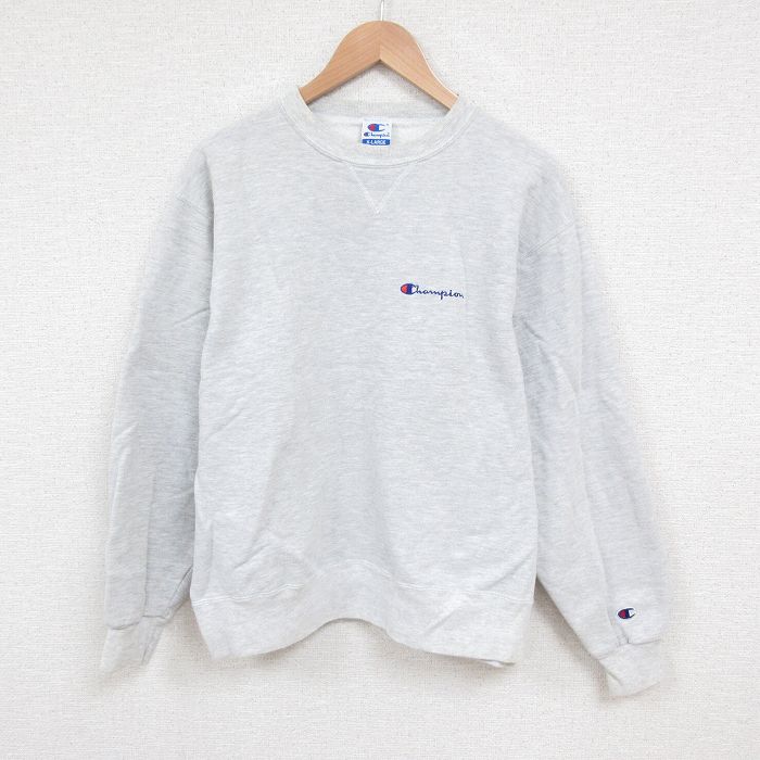 XL★古着 チャンピオン champion 長袖 スウェット メンズ 90年代 90s ワンポイントロゴ クルーネック 薄グレー 霜降り 25may29 中古 スエット トレーナー トップス