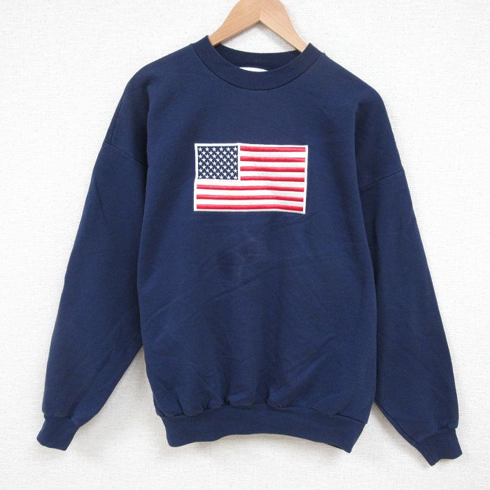 【50%OFF】XL★古着 長袖 スウェット メンズ 00年代 00s 星条旗 クルーネック 紺 ネイビー 25jun04 中古 スエット トレーナー トップス