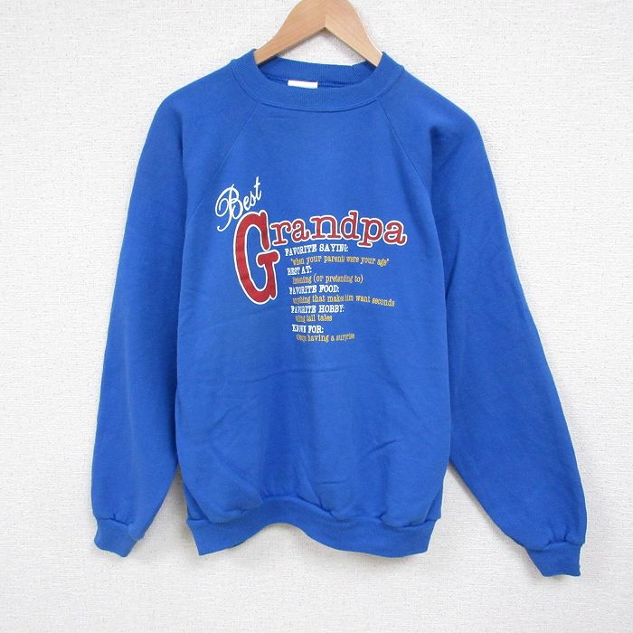 【20%OFF】L★古着 長袖 スウェット メンズ 80年代 80s グランパ クルーネック USA製 青 ブルー 25jun04 中古 スエット トレーナー トップス