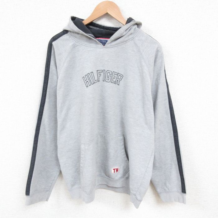 【20%OFF】XL★古着 トミーヒルフィガー TOMMY HILFIGER トミージーンズ 長袖 ブランド スウェット パーカー メンズ 90年代 90s ビッグロゴ 大きいサイズ ラグラン グレー 霜降り 25jun03 中古 スエット トレーナー トップス