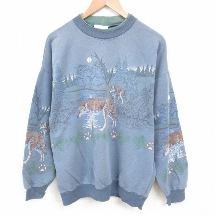 【20%OFF】XL★古着 長袖 スウェット メンズ 90年代 90s オオカミ クルーネック USA製 薄紺 ネイビー 霜降り 25jun03 中古 スエット トレーナー トップス