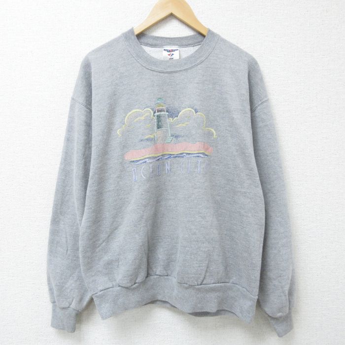 L★古着 ジャージーズ 長袖 スウェット メンズ 00年代 00s オーシャンシティ 刺繍 クルーネック グレー 霜降り 25may30 中古 スエット トレーナー トップス
