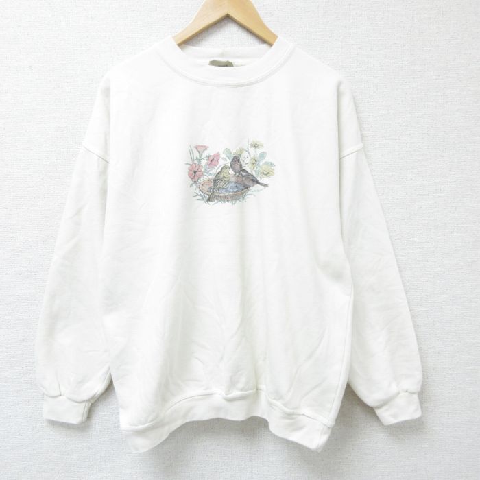 XL★古着 長袖 スウェット メンズ 00年代 00s 鳥 クルーネック 白 ホワイト 25may30 中古 スエット トレーナー トップス