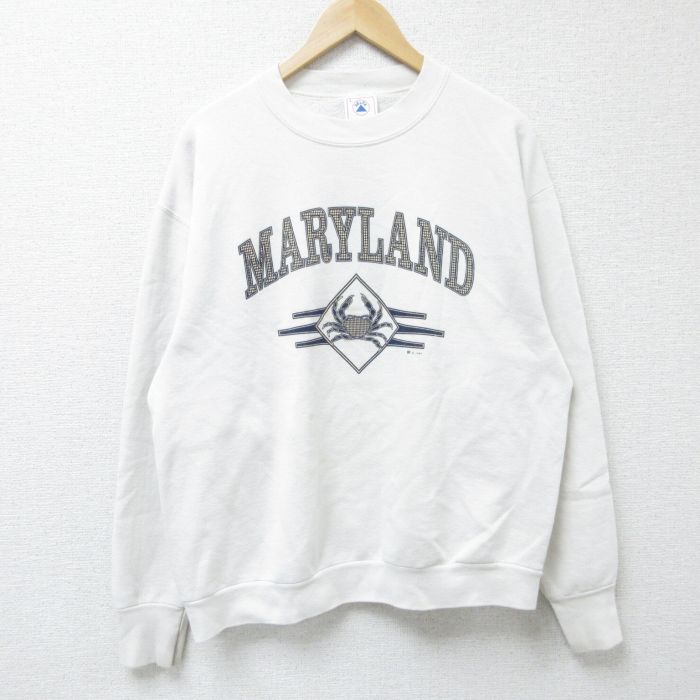 【50%OFF】L★古着 長袖 スウェット メンズ 90年代 90s カニ クルーネック USA製 白 ホワイト 25may30 中古 スエット トレーナー トップス