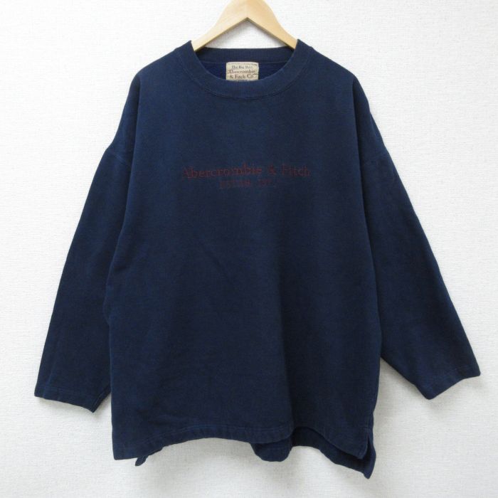 【50%OFF】XL★古着 アバクロンビー Abercrombie&fitch 長袖 スウェット メンズ 90年代 90s ビッグロゴ 刺繍 大きいサイズ クルーネック 紺 ネイビー 25may30 中古 スエット トレーナー トップス