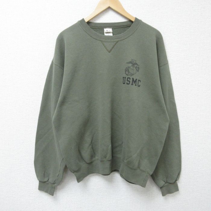 XL★古着 長袖 スウェット メンズ 90年代 90s ミリタリー USMC クルーネック USA製 薄緑 グリーン 25may30 中古 スエット トレーナー トップス