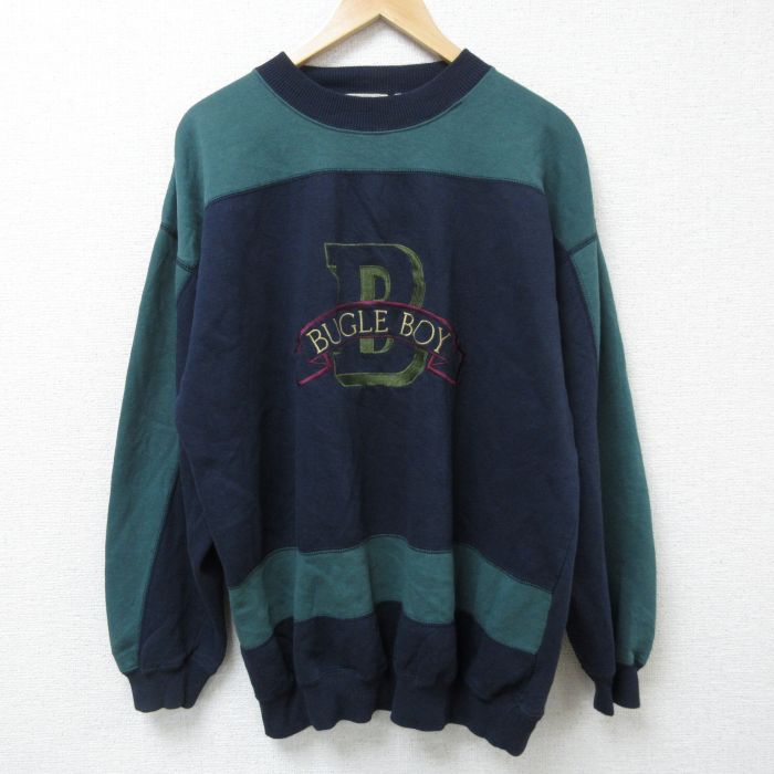 XL★古着 ビューグルボーイ 長袖 スウェット メンズ 90年代 90s ビッグロゴ 刺繍 ツートンカラー クルーネック 紺他 ネイビー 25may30 中古 スエット トレーナー トップス