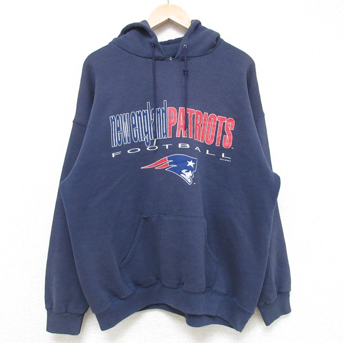 【50%OFF】XL★古着 長袖 スウェット パーカー メンズ 90年代 90s NFL ニューイングランドペイトリオッツ USA製 紺 ネイビー アメフト スーパーボウル 25may31 中古 スエット トレーナー トップス