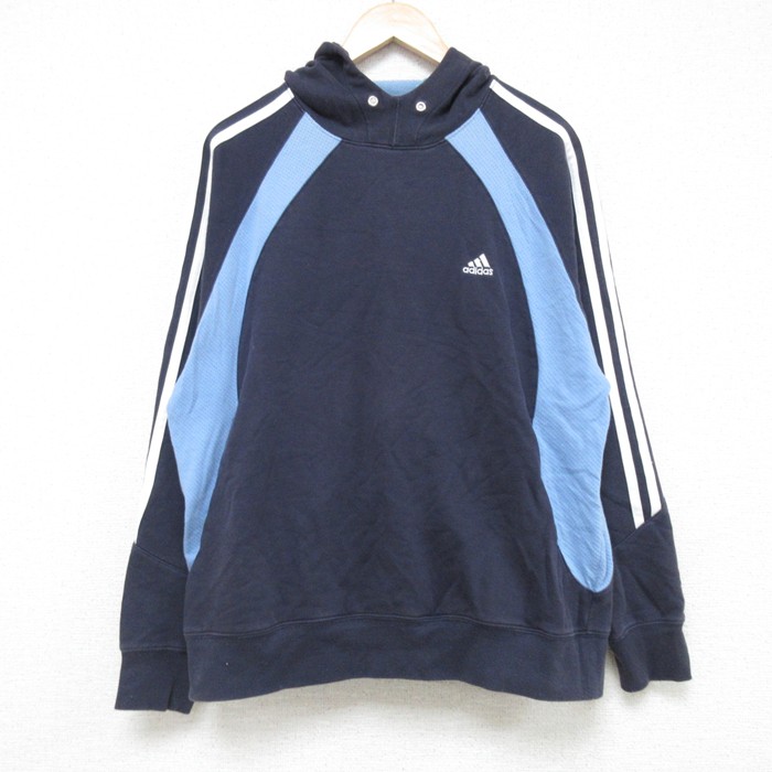 L★古着 アディダス adidas 長袖 スウェット パーカー メンズ 00年代 00s ワンポイントロゴ ラグラン 紺 ネイビー 3本ライン 25may31 中古 スエット トレーナー トップス