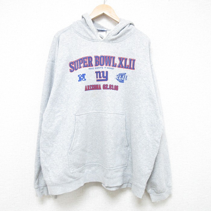【50%OFF】XL★古着 リーボック REEBOK 長袖 スウェット パーカー メンズ 00年代 00s NFL ニューヨークジャイアンツ 大きいサイズ 薄グレー 霜降り アメフト スーパーボウル 25may31 中古 スエット トレーナー トップス
