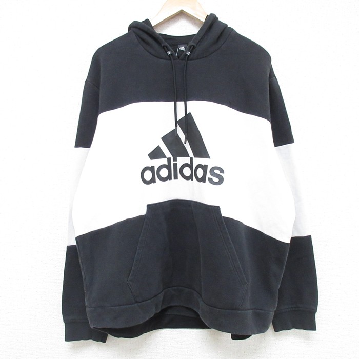 XL★古着 アディダス adidas 長袖 スウェット パーカー メンズ ビッグロゴ 黒他 ブラック 25may31 中古 スエット トレーナー トップス