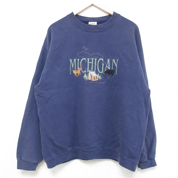 【50%OFF】L★古着 長袖 スウェット メンズ 90年代 90s ミシガン 刺繍 クルーネック USA製 紺 ネイビー 25may31 中古 スエット トレーナー トップス