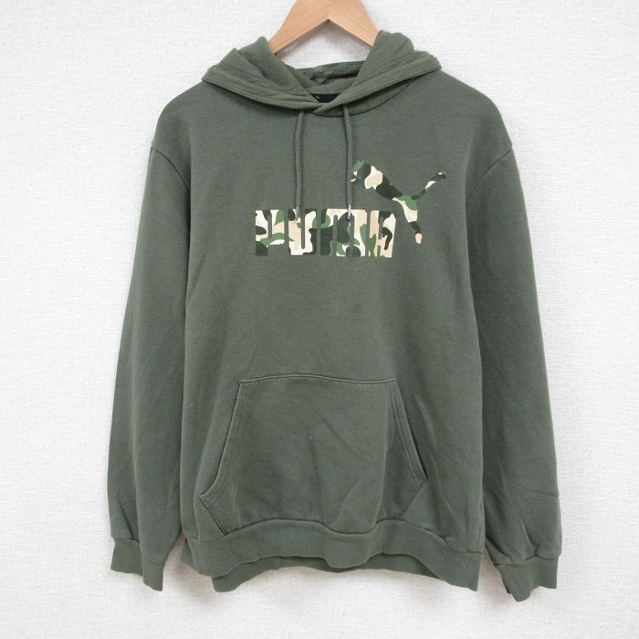 XL★古着 プーマ 長袖 スウェット パーカー メンズ ビッグロゴ 薄緑 グリーン 25jun02 中古 スエット トレーナー トップス
