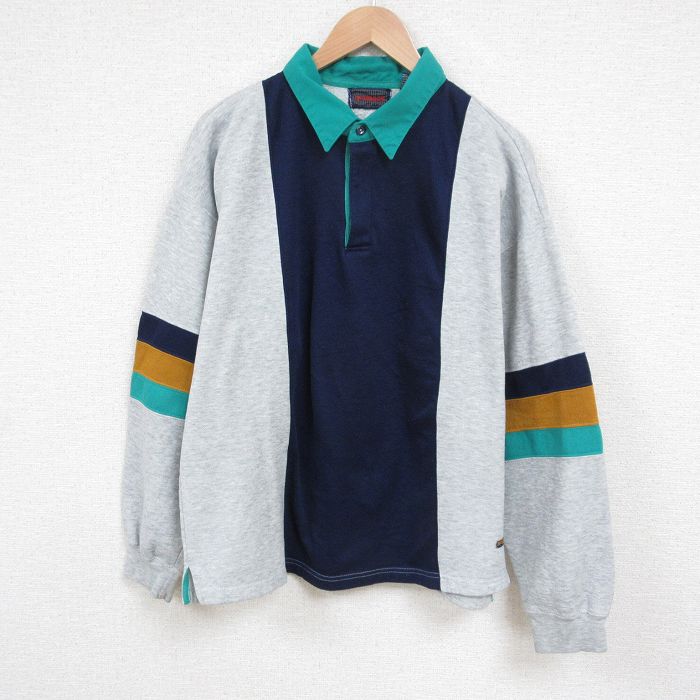 XL★古着 マックレガー 長袖 スウェット メンズ 90年代 90s マルチカラー 襟付き 紺他 ネイビー 25jun02 中古 スエット トレーナー トップス