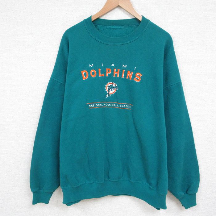 XL★古着 長袖 スウェット メンズ NFL マイアミドルフィンズ 刺繍 大きいサイズ クルーネック 青緑 アメフト スーパーボウル 25jun02 中古 スエット トレーナー トップス
