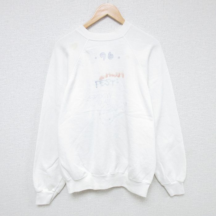 L★古着 長袖 スウェット メンズ 90年代 90s FLOYD ハンドペイント ラグラン クルーネック 白 ホワイト 25jun04 中古 スエット トレーナー トップス