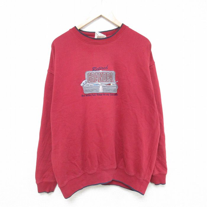 XL★古着 長袖 スウェット メンズ 00年代 00s グランパ 刺繍 大きいサイズ クルーネック 赤 レッド 25jun04 中古 スエット トレーナー トップス