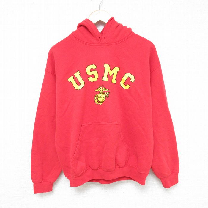 M★古着 長袖 スウェット パーカー メンズ 00年代 00s ミリタリー USMC 赤 レッド 25jun04 中古 スエット トレーナー トップス