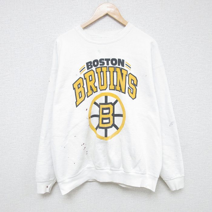 【20%OFF】XL★古着 長袖 スウェット メンズ 90年代 90s NHL ボストンブルーインズ クルーネック 白 ホワイト アイスホッケー 25jun04 中古 スエット トレーナー トップス