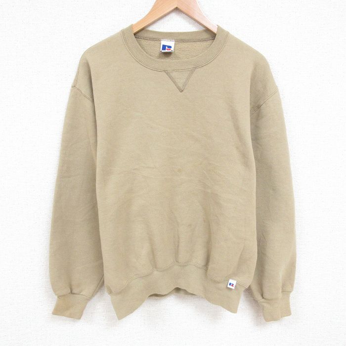 XL★古着 ラッセル 長袖 スウェット メンズ 90年代 90s 無地 クルーネック USA製 ベージュ カーキ 25jun04 中古 スエット トレーナー トップス