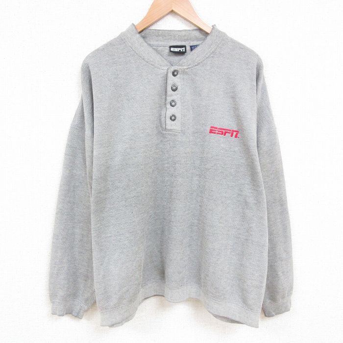 【20%OFF】XL★古着 長袖 スウェット メンズ 00年代 00s ESPN 鹿の子 大きいサイズ ヘンリーネック グレー 25jun04 中古 スエット トレーナー トップス