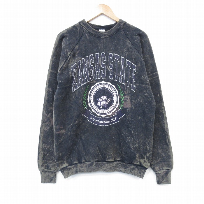 M★古着 フルーツオブザルーム 長袖 スウェット メンズ 90年代 90s カンザス カレッジ ラグラン クルーネック USA製 黒他 ブラック ブリーチ加工 25oct01 中古 スエット トレーナー トップス