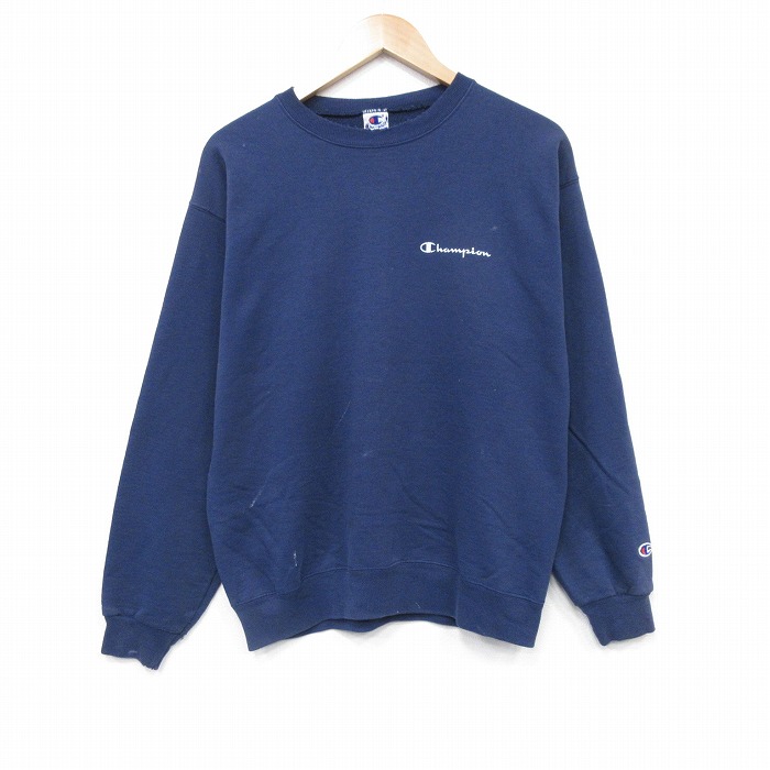 M★古着 チャンピオン champion 長袖 スウェット メンズ 90年代 90s ワンポイントロゴ クルーネック 紺 ネイビー 25oct01 中古 スエット トレーナー トップス