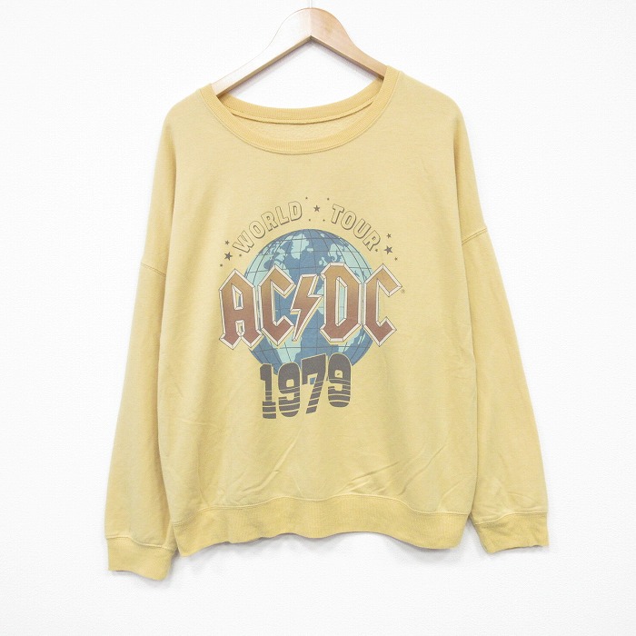 XL★古着 長袖 ロック バンド スウェット メンズ AC/DC 大きいサイズ クルーネック 黄 イエロー 25oct01 中古 スエット トレーナー トップス